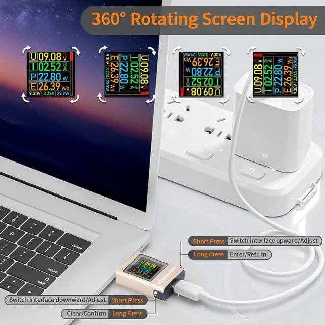 Alt view image 6 of 7 - USB C Power Meter Tester, Multimeter 4.5-50V 0-12A Two-Way Measurement Gravity Sensor Voltage Current Capacity Amp Volt Voltmeter Ammeter Digital Tester for Chargers Power Bank Cable Copper