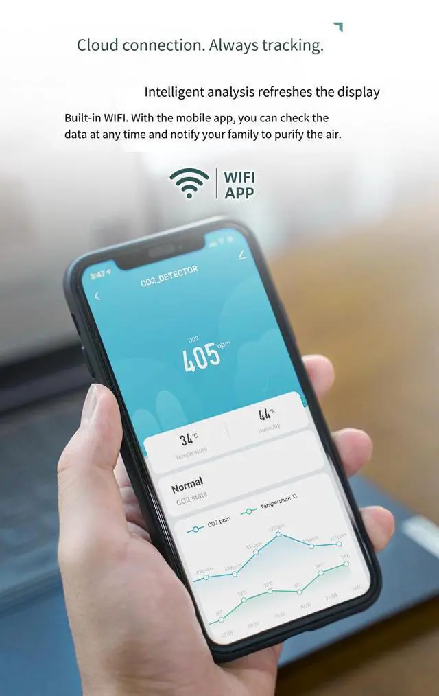 Alt view image 7 of 7 - CO2 Detector, TFT Display Air Quality Monitor for CO2/Temperature/Humidity, NDIR Sensor, Multi-Certified (CE/FCC/RoHS) Indoor Air Tester with Alarm Function(Wi-Fi version)