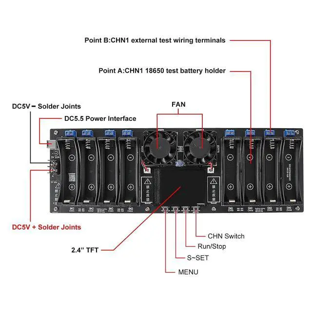 Alt view image 6 of 7 - 8 Channel 18650 Battery Capacity Tester, Automatic Charge Discharge Module with Internal Resistance Test for Flat Top Batteries, Type-C Powered Lithium Battery Analyzer