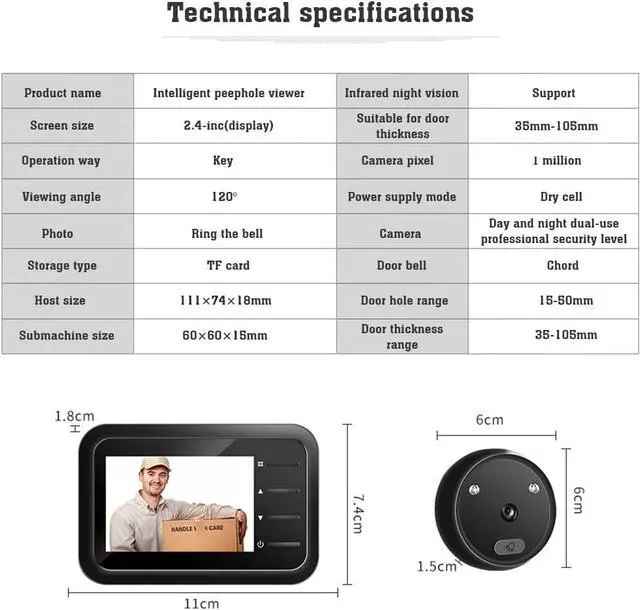 Alt view image 5 of 7 - 2.4 Inch LCD Screen Digital Video Doorbell, 120 Degree Eye Electronic Peephole Doorbell, Monitor Door Viewer Peephole Camera with Night Vision/Photo/Wide Viewing Angle/Battery Powered/TF Card