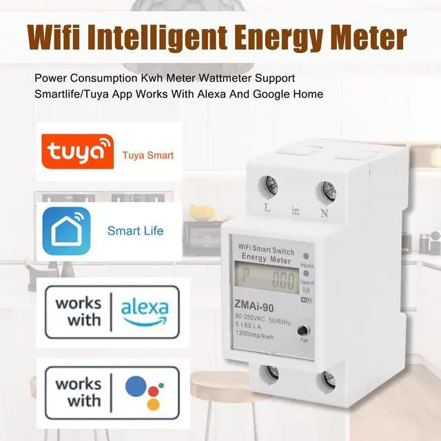 Alt view image 5 of 7 - Single-Phase Din Rail WiFi Intelligent Energy Meter Power Consumption Kwh Meter Wattmeter Support Smartlife/Tuya APP Control Compatible with Alexa and Google Home
