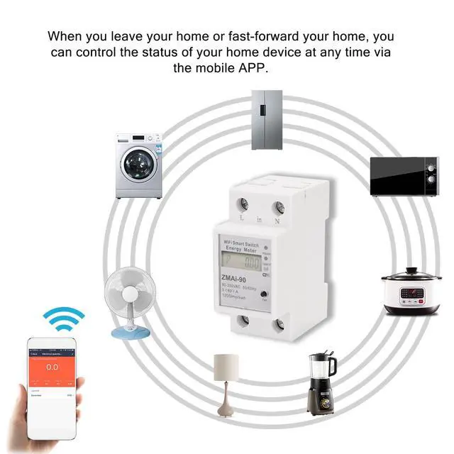 Alt view image 2 of 7 - Single-Phase Din Rail WiFi Intelligent Energy Meter Power Consumption Kwh Meter Wattmeter Support Smartlife/Tuya APP Control Compatible with Alexa and Google Home