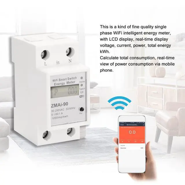 Alt view image 7 of 7 - Single-Phase Din Rail WiFi Intelligent Energy Meter Power Consumption Kwh Meter Wattmeter Support Smartlife/Tuya APP Control Compatible with Alexa and Google Home