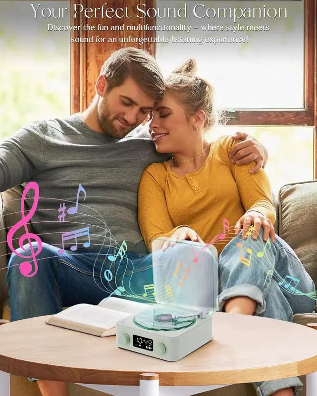 Alt view image 6 of 6 - Waves Vinyl Bluetooth Speaker, Vinyl Record Player Style with Ocean Sound White Noise, Retro Bluetooth with Ambient Light and Timer, Mini Record Player Cute Speaker,Grenn Vintage color