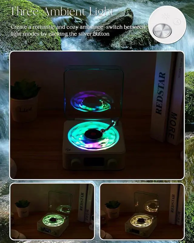 Alt view image 2 of 6 - Waves Vinyl Bluetooth Speaker, Vinyl Record Player Style with Ocean Sound White Noise, Retro Bluetooth with Ambient Light and Timer, Mini Record Player Cute Speaker,Grenn Vintage color