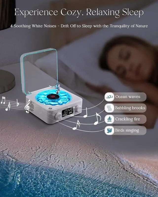 Alt view image 6 of 7 - Waves Vinyl Bluetooth Speaker, Vinyl Record Player Style with Ocean Sound White Noise, Retro Bluetooth with Ambient Light and Timer, Mini Record Player Cute Speaker,Blue