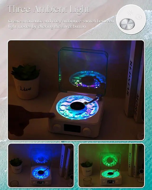 Alt view image 2 of 7 - Waves Vinyl Bluetooth Speaker, Vinyl Record Player Style with Ocean Sound White Noise, Retro Bluetooth with Ambient Light and Timer, Mini Record Player Cute Speaker,Blue