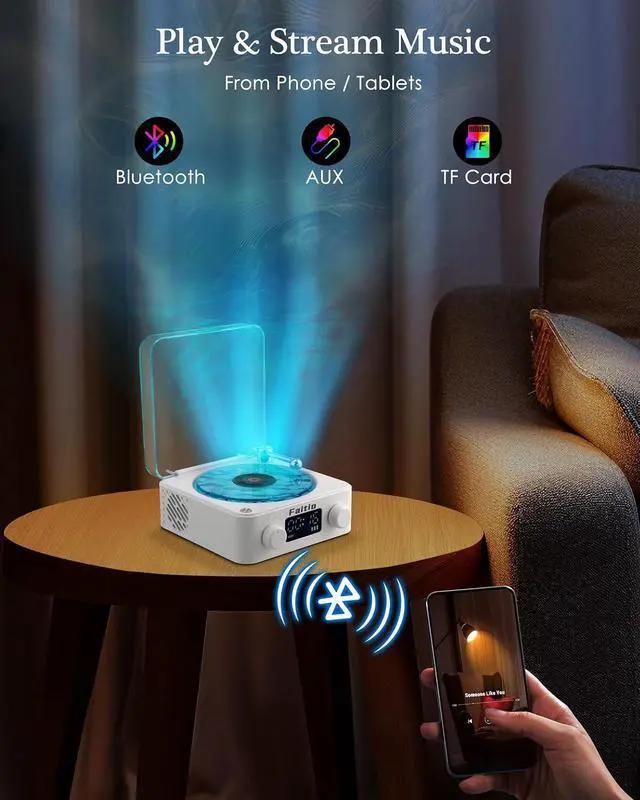 Alt view image 5 of 7 - Waves Vinyl Bluetooth Speaker, Vinyl Record Player Style with Ocean Sound White Noise, Retro Bluetooth with Ambient Light and Timer, Mini Record Player Cute Speaker,Blue