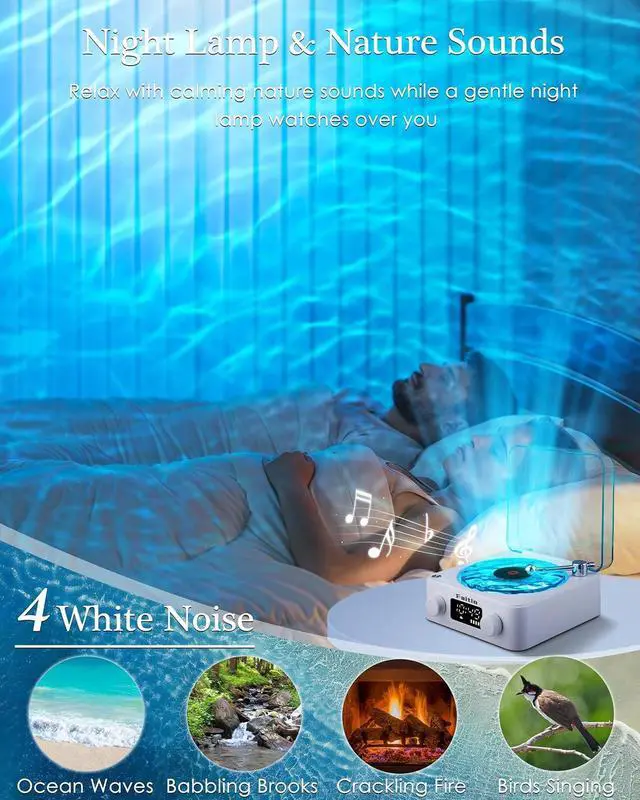 Alt view image 4 of 7 - Waves Vinyl Bluetooth Speaker, Vinyl Record Player Style with Ocean Sound White Noise, Retro Bluetooth with Ambient Light and Timer, Mini Record Player Cute Speaker,Blue