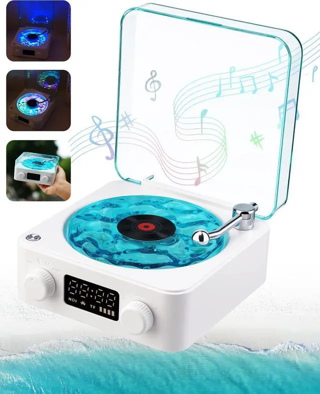 Alt view image 7 of 7 - Waves Vinyl Bluetooth Speaker, Vinyl Record Player Style with Ocean Sound White Noise, Retro Bluetooth with Ambient Light and Timer, Mini Record Player Cute Speaker,Blue