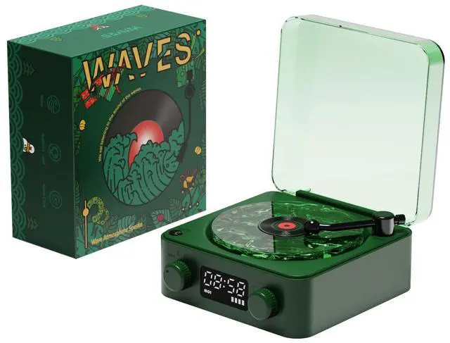 Main image of Waves Vinyl Bluetooth Speaker, Vinyl Record Player Style with Ocean Sound White Noise, Retro Bluetooth with Ambient Light and Timer, Mini Record Player Cute Speaker,Christmas Green