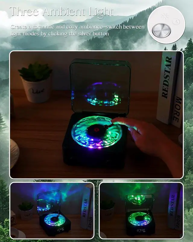 Alt view image 7 of 7 - Waves Vinyl Bluetooth Speaker, Vinyl Record Player Style with Ocean Sound White Noise, Retro Bluetooth with Ambient Light and Timer, Mini Record Player Cute Speaker,Christmas Green
