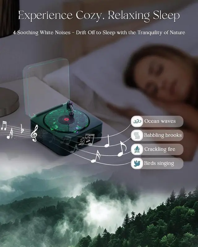 Alt view image 6 of 7 - Waves Vinyl Bluetooth Speaker, Vinyl Record Player Style with Ocean Sound White Noise, Retro Bluetooth with Ambient Light and Timer, Mini Record Player Cute Speaker,Christmas Green
