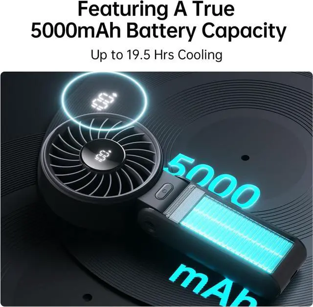 Alt view image 3 of 7 - Portable Handheld Fan Life7: 3-in-1 Hand, Desk & Neck Fan-Black | 19.5H Max Cooling, 5-Speed, LED Display, 5000mAh Rechargeable,USB Foldable Fan for Travel/Concerts/Cruise/Sports Events/Gifts
