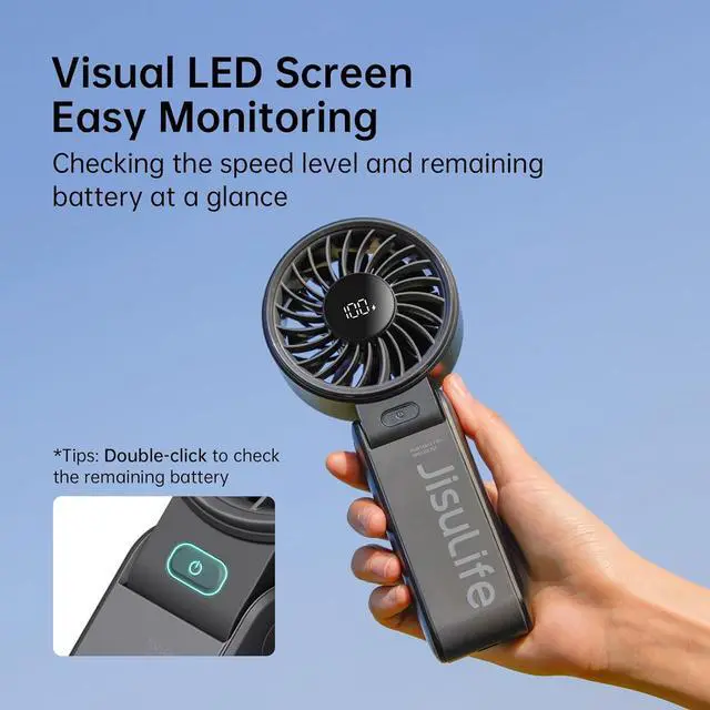 Alt view image 2 of 7 - Portable Handheld Fan Life7: 3-in-1 Hand, Desk & Neck Fan-Black | 19.5H Max Cooling, 5-Speed, LED Display, 5000mAh Rechargeable,USB Foldable Fan for Travel/Concerts/Cruise/Sports Events/Gifts