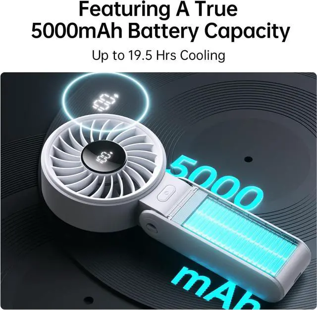 Alt view image 4 of 7 - Portable Handheld Fan Life7: 3-in-1 Hand, Desk & Neck Fan-Black | 19.5H Max Cooling, 5-Speed, LED Display, 5000mAh Rechargeable,USB Foldable Fan for Travel/Concerts/Cruise/Sports Events/Gifts Grey