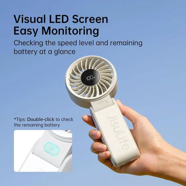 Alt view image 6 of 7 - Portable Handheld Fan Life7: 3-in-1 Hand, Desk & Neck Fan-Black | 19.5H Max Cooling, 5-Speed, LED Display, 5000mAh Rechargeable,USB Foldable Fan for Travel/Concerts/Cruise/Sports Events/Gifts Grey