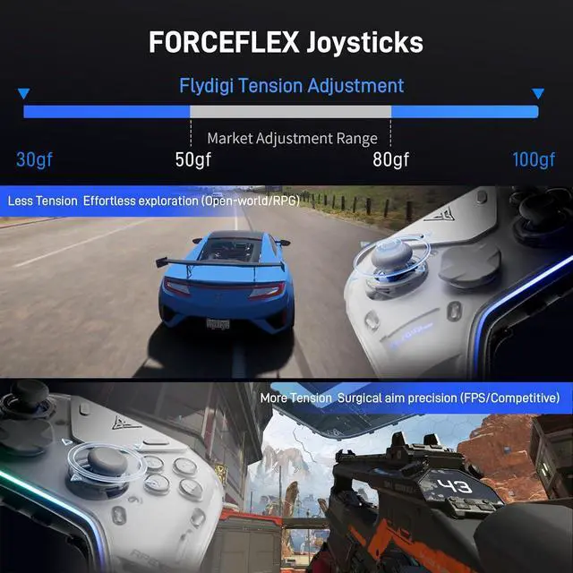 Alt view image 4 of 7 - FLYDIGI Apex 5 PC Controller, Forceflex Joystick, 3ms Ultra-Low Latency | ForceAdapt Triggers, RGB Light Bar, Full-Color LCD Display,1500mAh Battery, Trigger+Grip Vibration, 6 Extra Bottons
