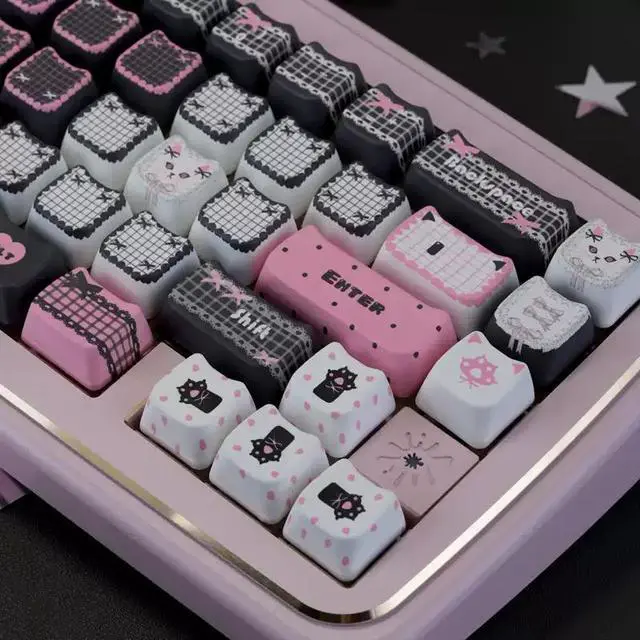 Alt view image 4 of 7 - Black Pink Kitten MOA PBT Keycaps Set 5-Sided Dye-Sublimation, Cute Cat Theme, 132 Keys Full Set, Fits 60-108 MX Mechanical Keyboards for Girls Kawaii Setup