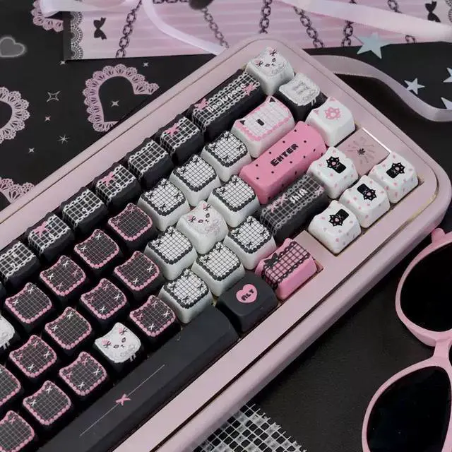 Alt view image 2 of 7 - Black Pink Kitten MOA PBT Keycaps Set 5-Sided Dye-Sublimation, Cute Cat Theme, 132 Keys Full Set, Fits 60-108 MX Mechanical Keyboards for Girls Kawaii Setup