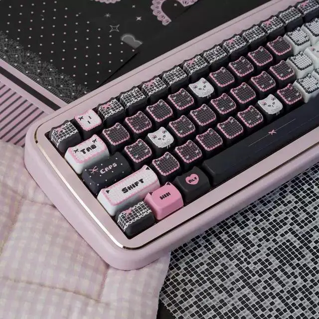 Alt view image 3 of 7 - Black Pink Kitten MOA PBT Keycaps Set 5-Sided Dye-Sublimation, Cute Cat Theme, 132 Keys Full Set, Fits 60-108 MX Mechanical Keyboards for Girls Kawaii Setup