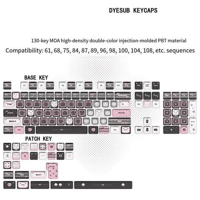 Alt view image 7 of 7 - Black Pink Kitten MOA PBT Keycaps Set 5-Sided Dye-Sublimation, Cute Cat Theme, 132 Keys Full Set, Fits 60-108 MX Mechanical Keyboards for Girls Kawaii Setup