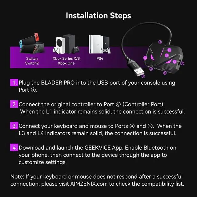 Alt view image 3 of 7 - Keyboard Mouse Adapter for Xbox One, Xbox Series X/S, Switch 2, Switch, PS4, Blader Pro - Console MnK Converter with App Control, Built-in USB Cable, 1000Hz Polling Rate