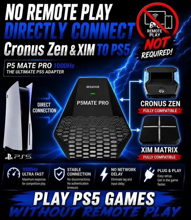 Alt view image 4 of 7 - Besavior P5Mate Pro 1000Hz Wired/Wireless Adapter Converter Emulator for PS5, PC - No Remote Play Required, Direct PS5 Connection for Cronus Zen, XIM Matrix, APEX, REASNOW, Titan, Various Controllers
