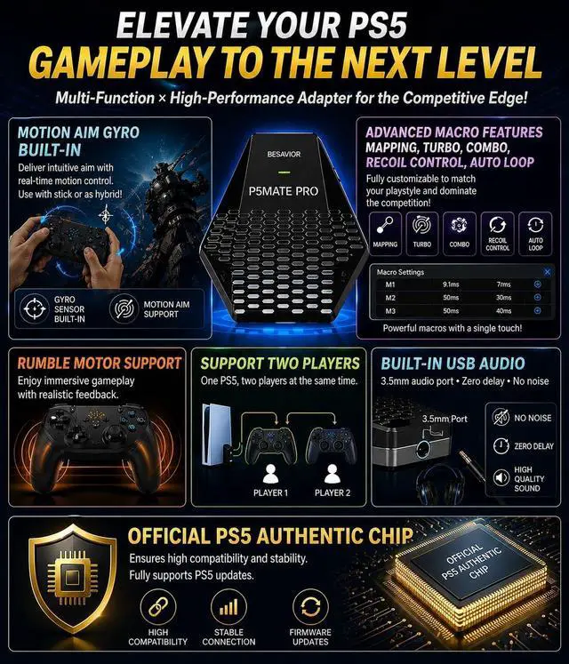 Alt view image 6 of 7 - Besavior P5Mate Pro 1000Hz Wired/Wireless Adapter Converter Emulator for PS5, PC - No Remote Play Required, Direct PS5 Connection for Cronus Zen, XIM Matrix, APEX, REASNOW, Titan, Various Controllers