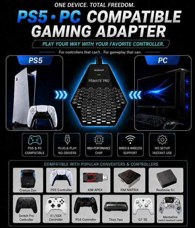 Alt view image 3 of 7 - Besavior P5Mate Pro 1000Hz Wired/Wireless Adapter Converter Emulator for PS5, PC - No Remote Play Required, Direct PS5 Connection for Cronus Zen, XIM Matrix, APEX, REASNOW, Titan, Various Controllers