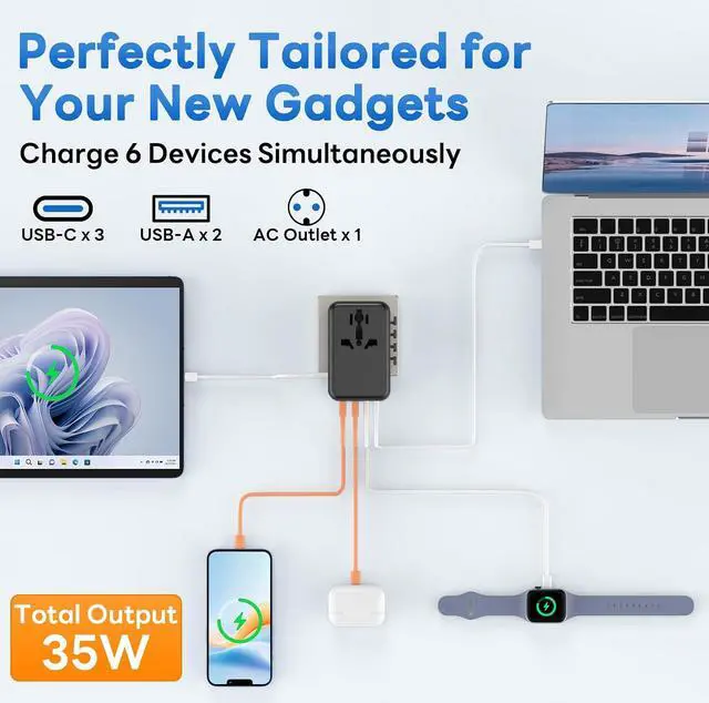 Alt view image 6 of 7 - Universal Travel Adapter, International Power Adapter GaN, Type C/G/D/I/A | Auto-Resetting Fuse, 3 USB-C/2 USB-A&1 AC, All-in-One Portable Plug Adaptor Worldwide For US to EU UK AU IN Spain France