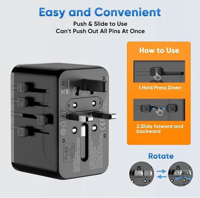 Alt view image 2 of 7 - Universal Travel Adapter, International Power Adapter GaN, Type C/G/D/I/A | Auto-Resetting Fuse, 3 USB-C/2 USB-A&1 AC, All-in-One Portable Plug Adaptor Worldwide For US to EU UK AU IN Spain France