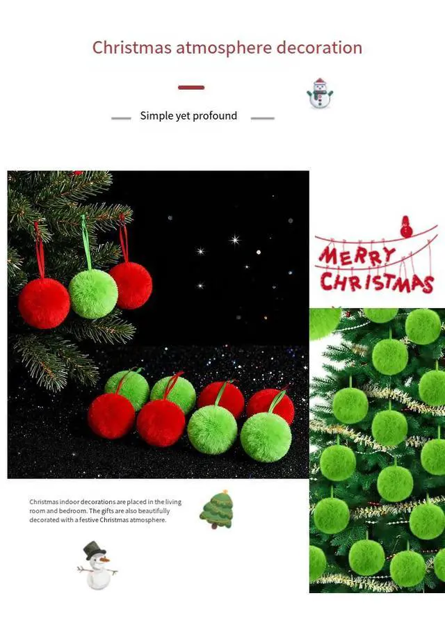 Alt view image 3 of 7 - 12Pcs Christmas Plush Ornament Balls Green Tree Hanging Decorations, Holiday Scene Decor, Xmas Party Supplies, Home Office Festive Accents( Red)