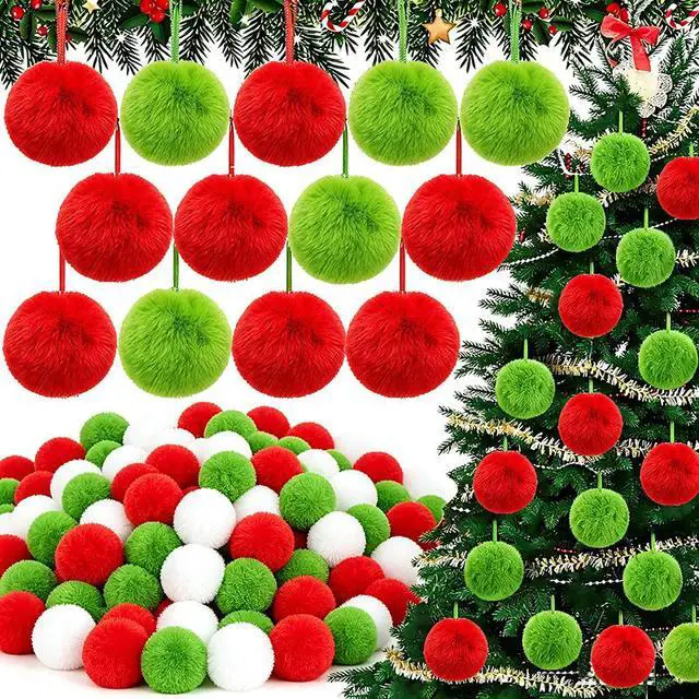 Alt view image 2 of 7 - 12Pcs Christmas Plush Ornament Balls Green Tree Hanging Decorations, Holiday Scene Decor, Xmas Party Supplies, Home Office Festive Accents( Red)