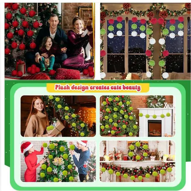 Alt view image 7 of 7 - 12Pcs Christmas Plush Ornament Balls Green Tree Hanging Decorations, Holiday Scene Decor, Xmas Party Supplies, Home Office Festive Accents( Red)