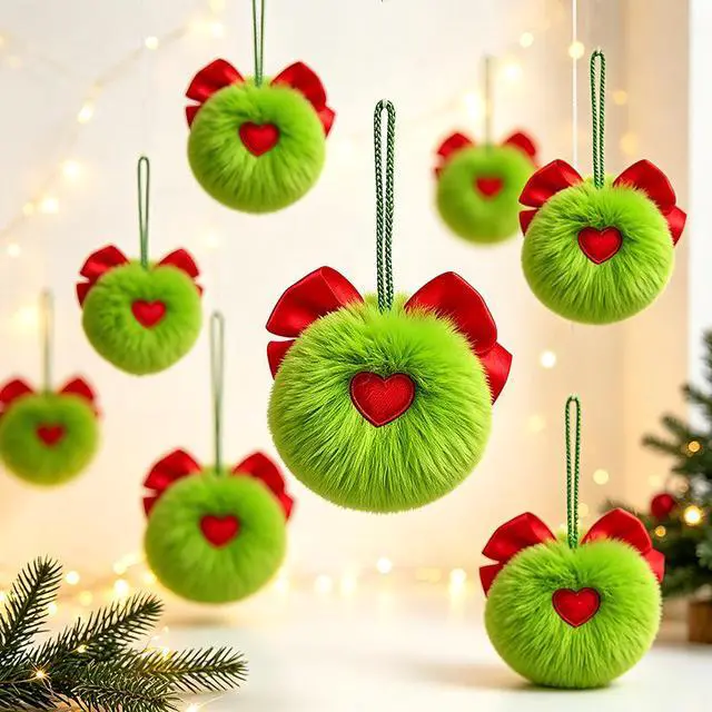 Alt view image 5 of 7 - 10Pcs Christmas Plush Pom Pom Ornaments Fluorescent Green Elf Hanging Decorations with Bow, White Faux Rabbit Fur Tree Hanging Balls for Holiday Setup