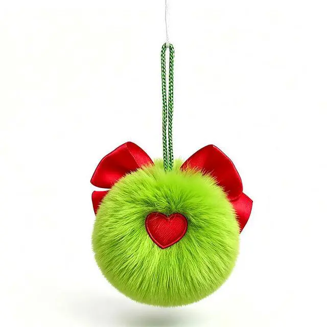 Alt view image 4 of 7 - 10Pcs Christmas Plush Pom Pom Ornaments Fluorescent Green Elf Hanging Decorations with Bow, White Faux Rabbit Fur Tree Hanging Balls for Holiday Setup