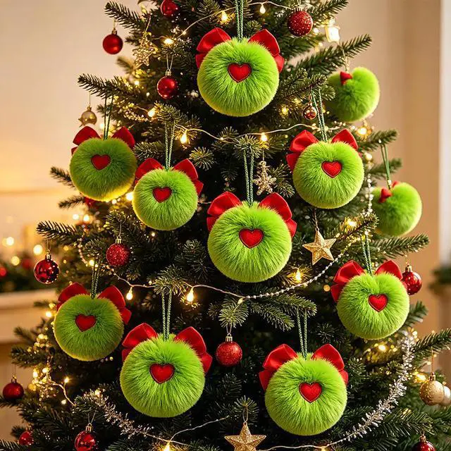 Alt view image 3 of 7 - 10Pcs Christmas Plush Pom Pom Ornaments Fluorescent Green Elf Hanging Decorations with Bow, White Faux Rabbit Fur Tree Hanging Balls for Holiday Setup