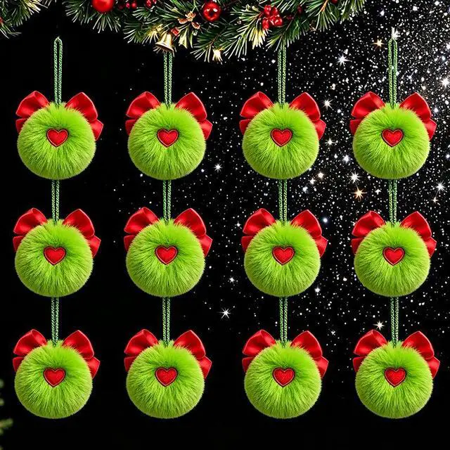 Alt view image 6 of 7 - 10Pcs Christmas Plush Pom Pom Ornaments Fluorescent Green Elf Hanging Decorations with Bow, White Faux Rabbit Fur Tree Hanging Balls for Holiday Setup