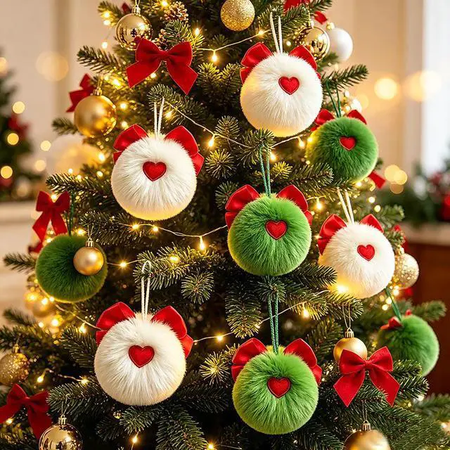 Alt view image 2 of 7 - 10Pcs Christmas Plush Pom Pom Ornaments Fluorescent Green Elf Hanging Decorations with Bow, White Faux Rabbit Fur Tree Hanging Balls for Holiday Setup