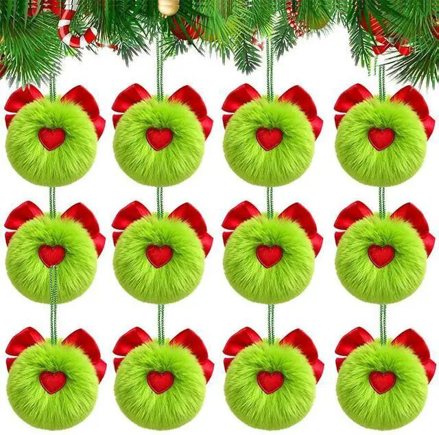 Main image of 10Pcs Christmas Plush Pom Pom Ornaments Fluorescent Green Elf Hanging Decorations with Bow, Green Faux Rabbit Fur Tree Hanging Balls for Holiday Setup