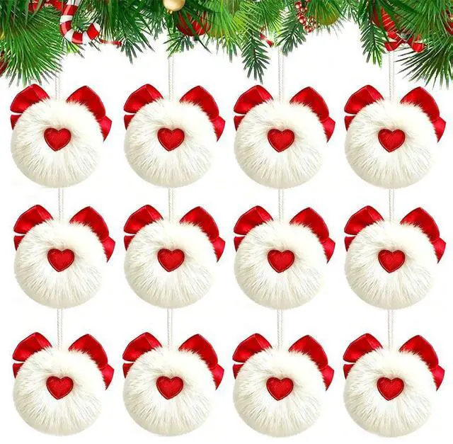 Main image of 10Pcs Christmas Plush Pom Pom Ornaments Fluorescent Green Elf Hanging Decorations with Bow, White Faux Rabbit Fur Tree Hanging Balls for Holiday Setup