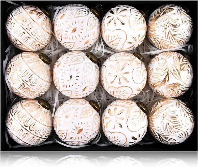 Main image of Vintage Christmas Ornaments for Tree Decorations - Rustic Christmas Ball Ornaments Gold White for Indoor Holiday Xmas Decor - 80mm 3.15inch, Pack of 12