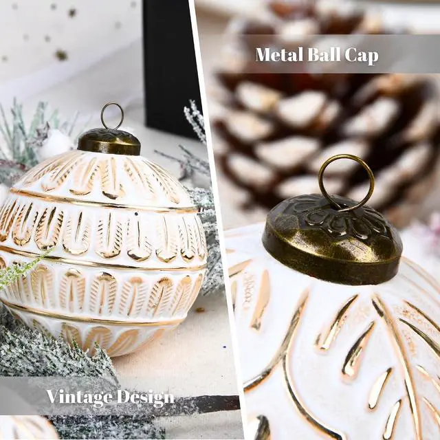 Alt view image 6 of 7 - Vintage Christmas Ornaments for Tree Decorations - Rustic Christmas Ball Ornaments Gold White for Indoor Holiday Xmas Decor - 80mm 3.15inch, Pack of 12