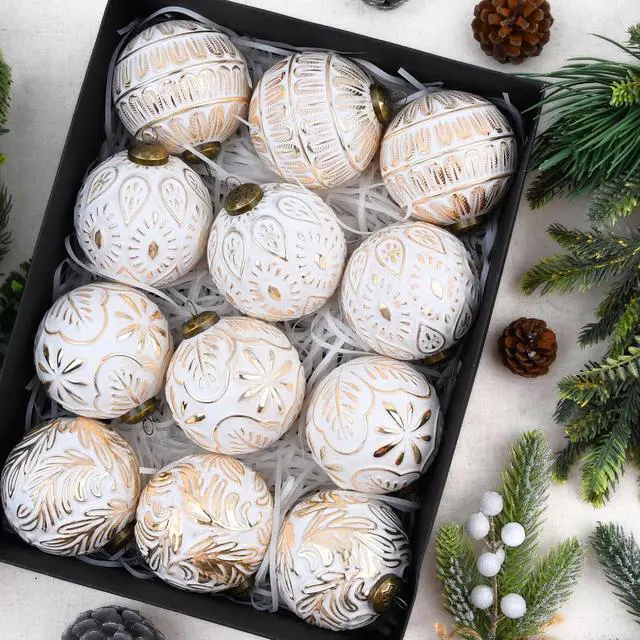 Alt view image 4 of 7 - Vintage Christmas Ornaments for Tree Decorations - Rustic Christmas Ball Ornaments Gold White for Indoor Holiday Xmas Decor - 80mm 3.15inch, Pack of 12