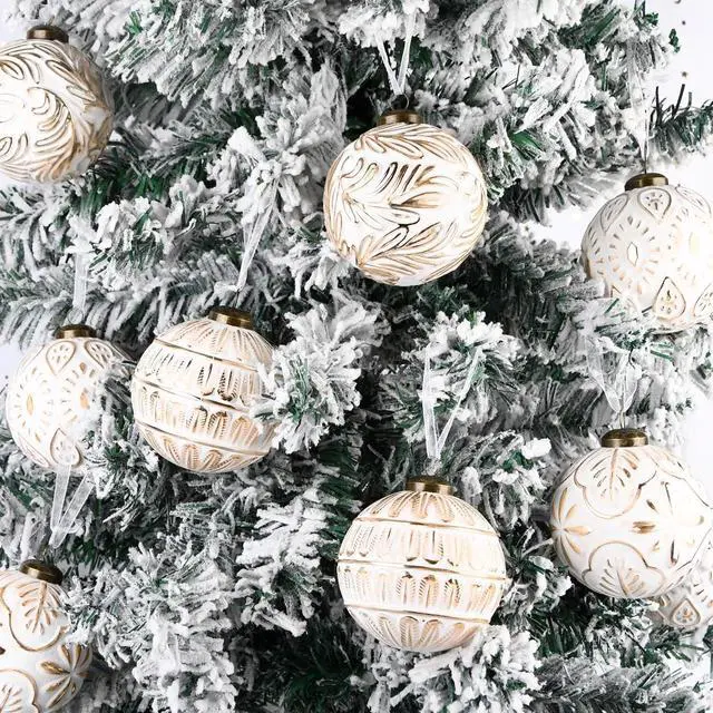Alt view image 3 of 7 - Vintage Christmas Ornaments for Tree Decorations - Rustic Christmas Ball Ornaments Gold White for Indoor Holiday Xmas Decor - 80mm 3.15inch, Pack of 12