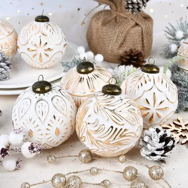 Alt view image 7 of 7 - Vintage Christmas Ornaments for Tree Decorations - Rustic Christmas Ball Ornaments Gold White for Indoor Holiday Xmas Decor - 80mm 3.15inch, Pack of 12