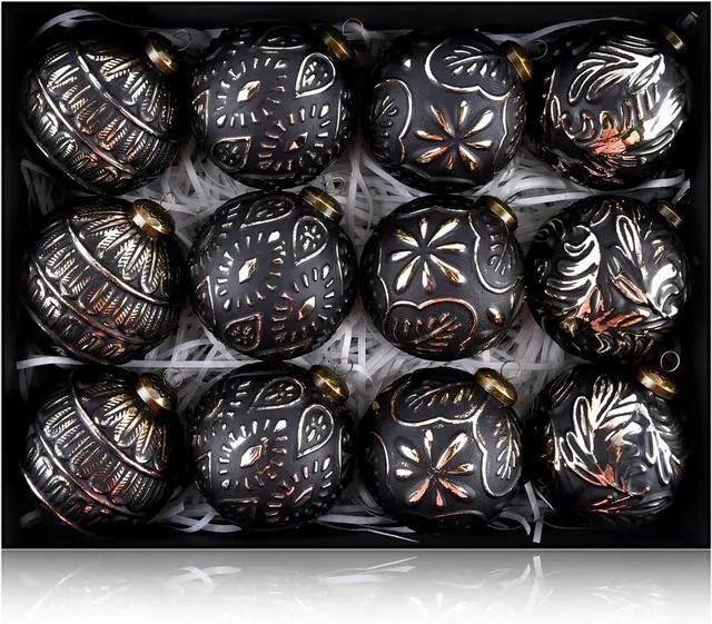 Main image of Vintage Christmas Ornaments for Tree Decorations - Rustic Christmas Ball Ornaments Gold White for Indoor Holiday Xmas Decor - 80mm 3.15inch, Pack of 12 Black