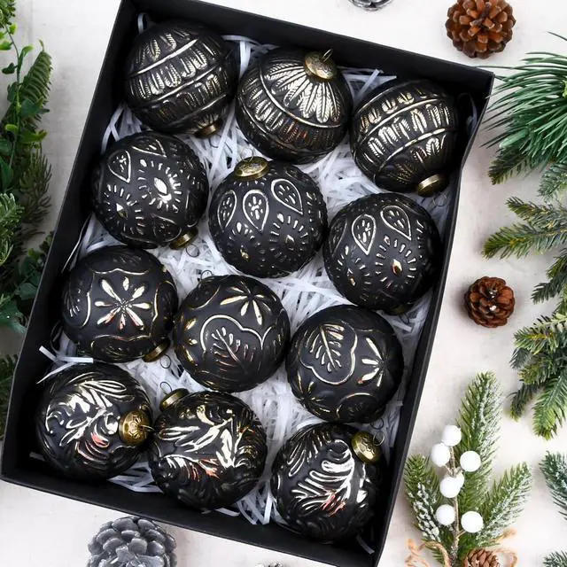 Alt view image 3 of 7 - Vintage Christmas Ornaments for Tree Decorations - Rustic Christmas Ball Ornaments Gold White for Indoor Holiday Xmas Decor - 80mm 3.15inch, Pack of 12 Black