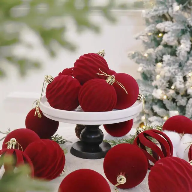 Alt view image 4 of 6 - 3.15In Red Velvet Christmas Ornaments Set,12pcs Burgundy Velvet Ornaments | Velvet Ornaments For Christmas Tree Decor;Holiday Christmas Decor;Christmas Decoration;Shatterproof Plastic Christmas Balls